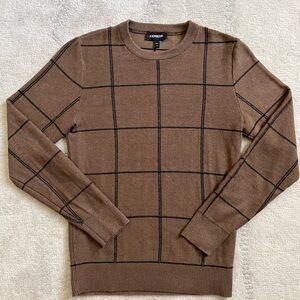 Express Men's Cotton Checkered Brown Crewneck Sweater